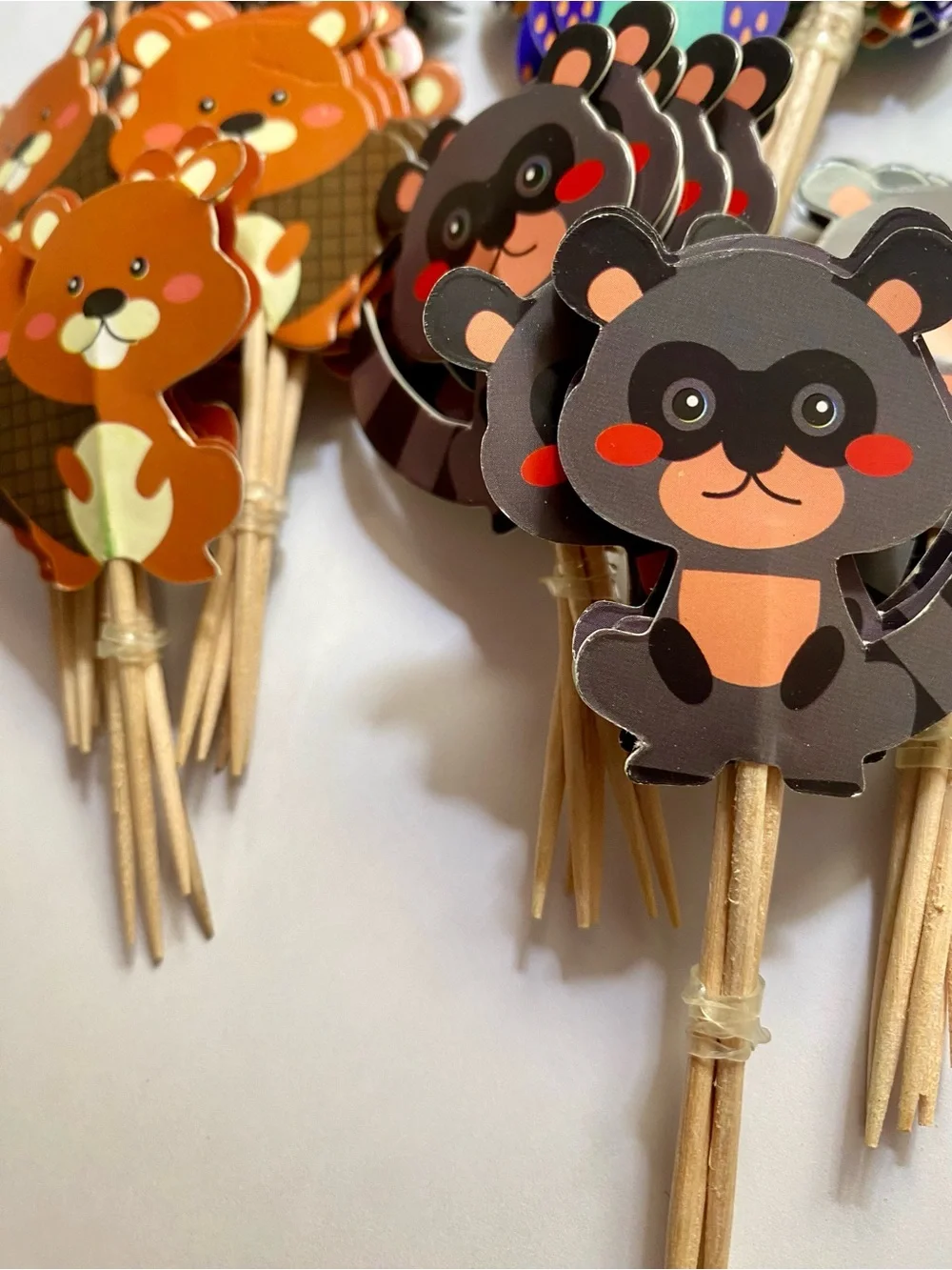 64 Woodland Animal Cupcake Toppers - Owl, Raccoon, Rabbit Party Picks
